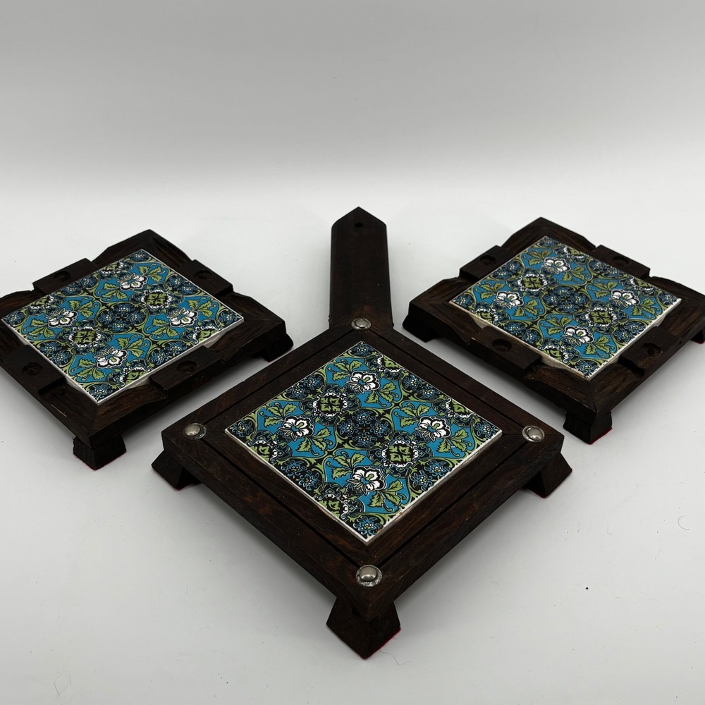 Vintage Ceramic Tile Dal Mexican Wood Footed Trivet Set 3 Blue Green Floral Boho